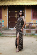 Animal print slit sheath midi dress