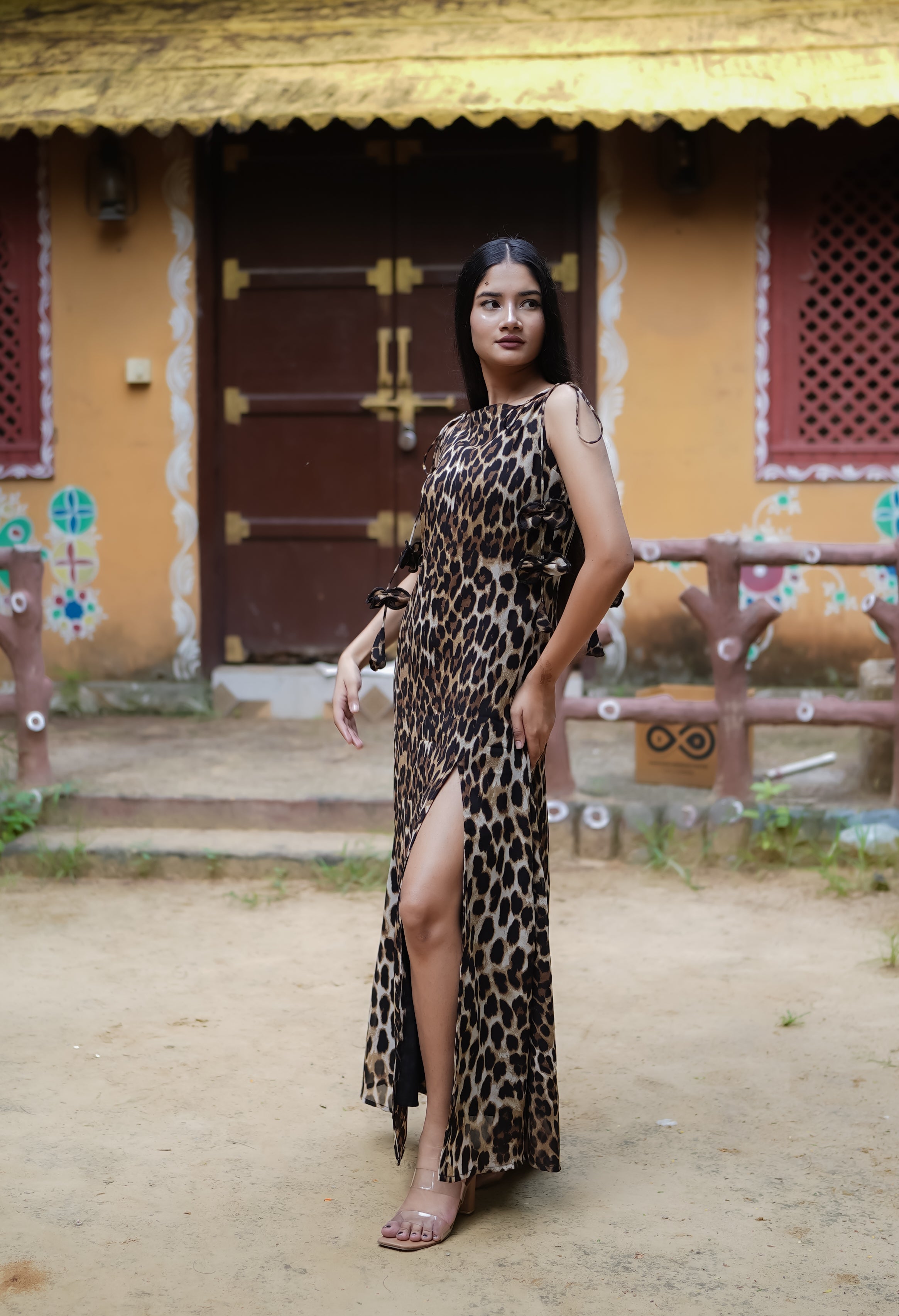 Animal print slit sheath midi dress